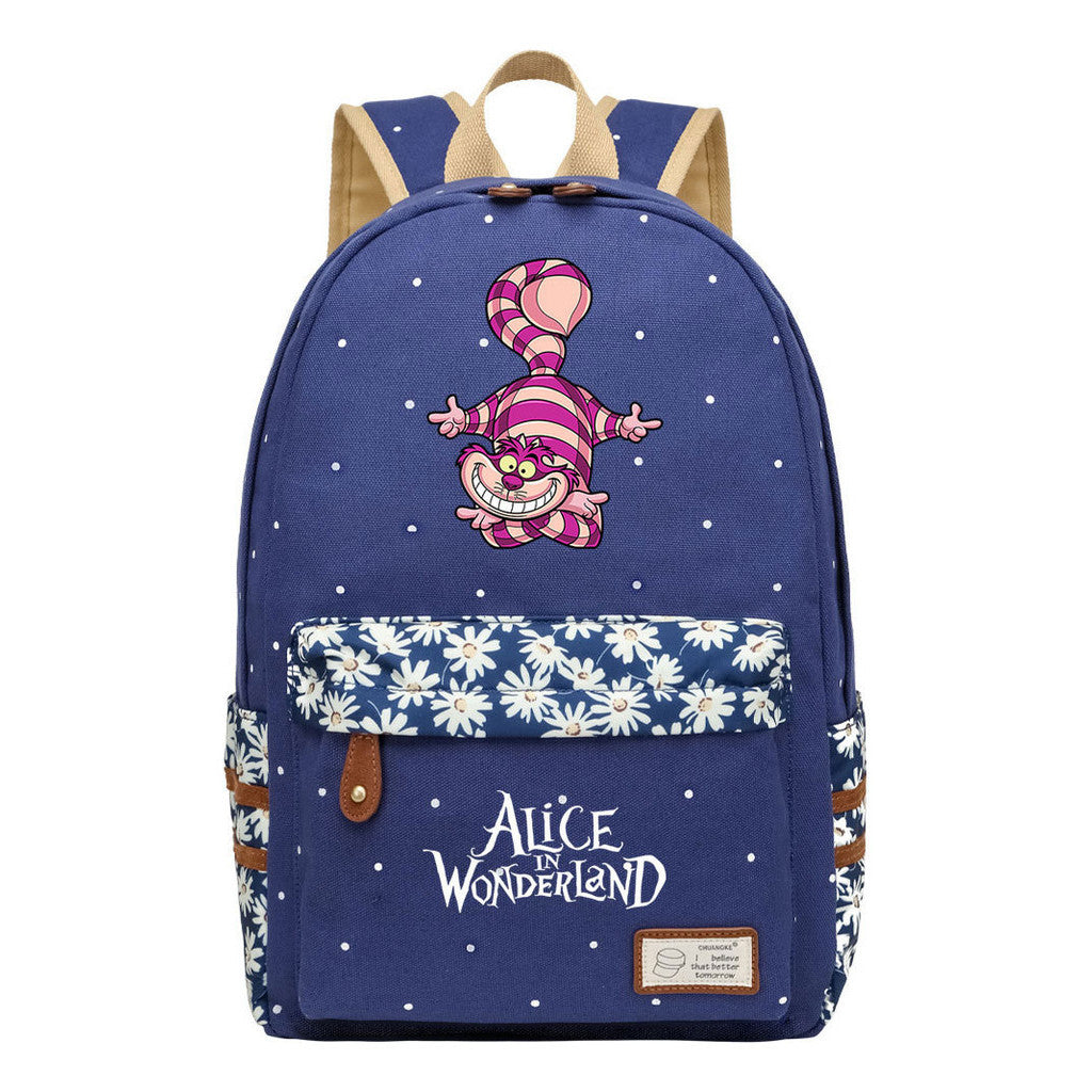 Anime Cartoon Cheshire Cat Print Student Backpack, Floral Casual Backpack