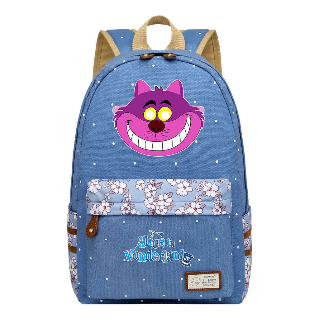 Anime Cartoon Cheshire Cat Print Youth Student Backpack With Floral Casual Backpack