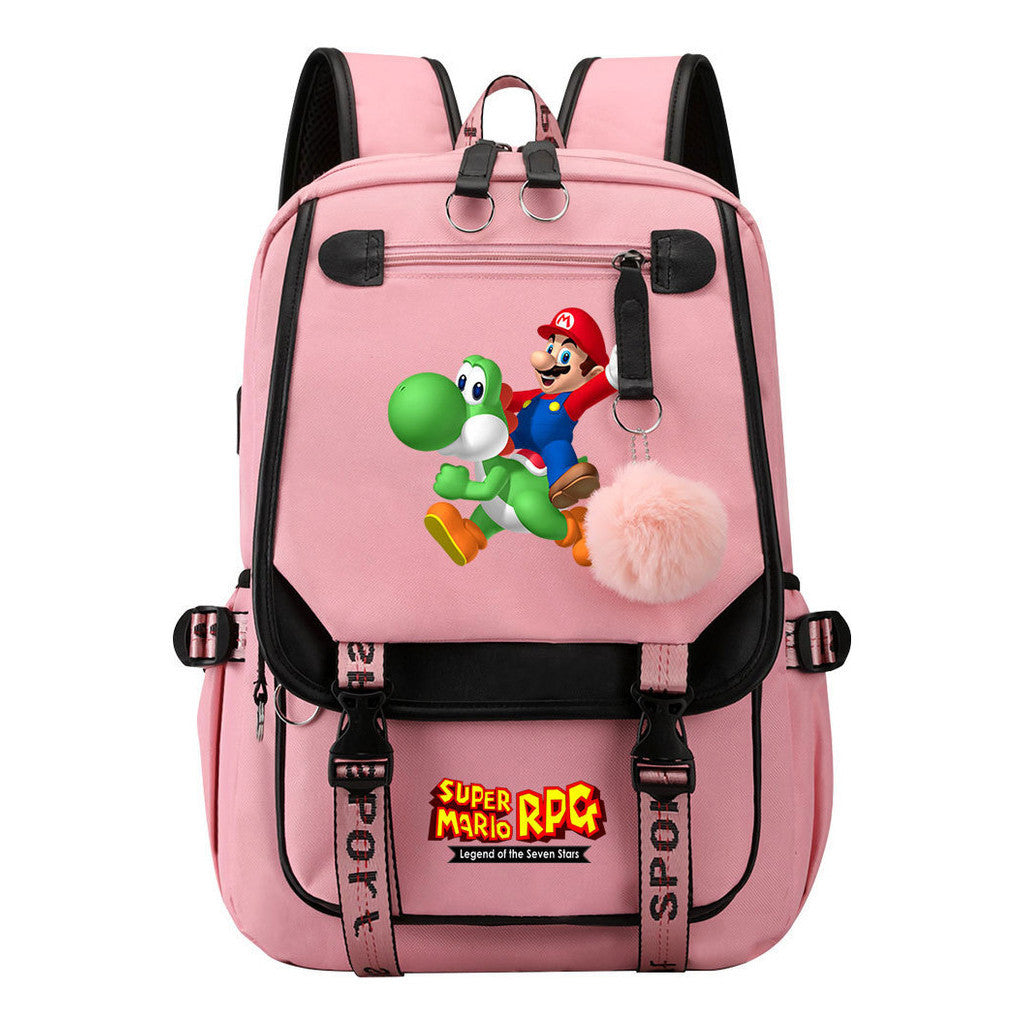 Super Mario Printed Usb Youth Student Backpack For Men And Women With Casual Woven Strap Flap Backpack