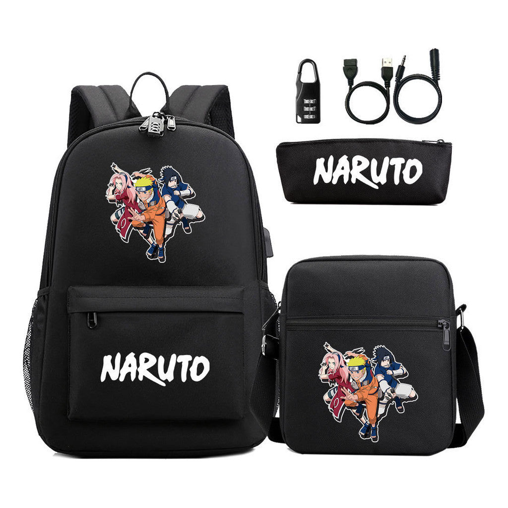 Naruto Usb Password Lock Youth Student Backpack Three Piece Set For Men And Women Backpack Set