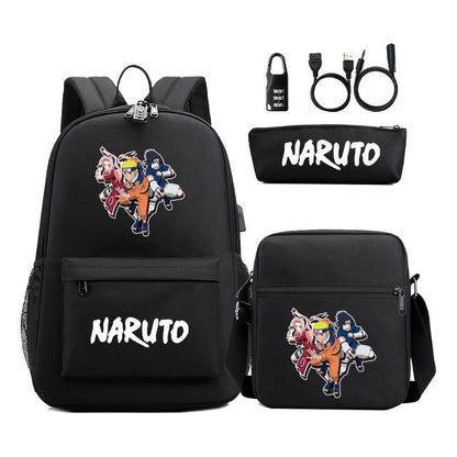 Naruto Usb Password Lock Youth Student Backpack Three Piece Set For Men And Women Backpack Set