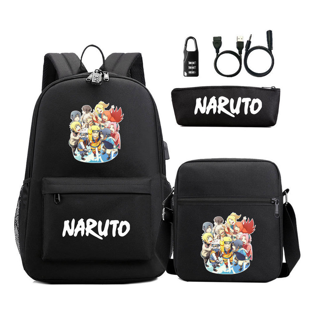 Naruto Usb Password Lock Youth Student Backpack Three Piece Set For Men And Women Backpack Set