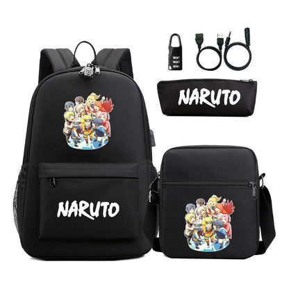 Naruto Usb Password Lock Youth Student Backpack Three Piece Set For Men And Women Backpack Set