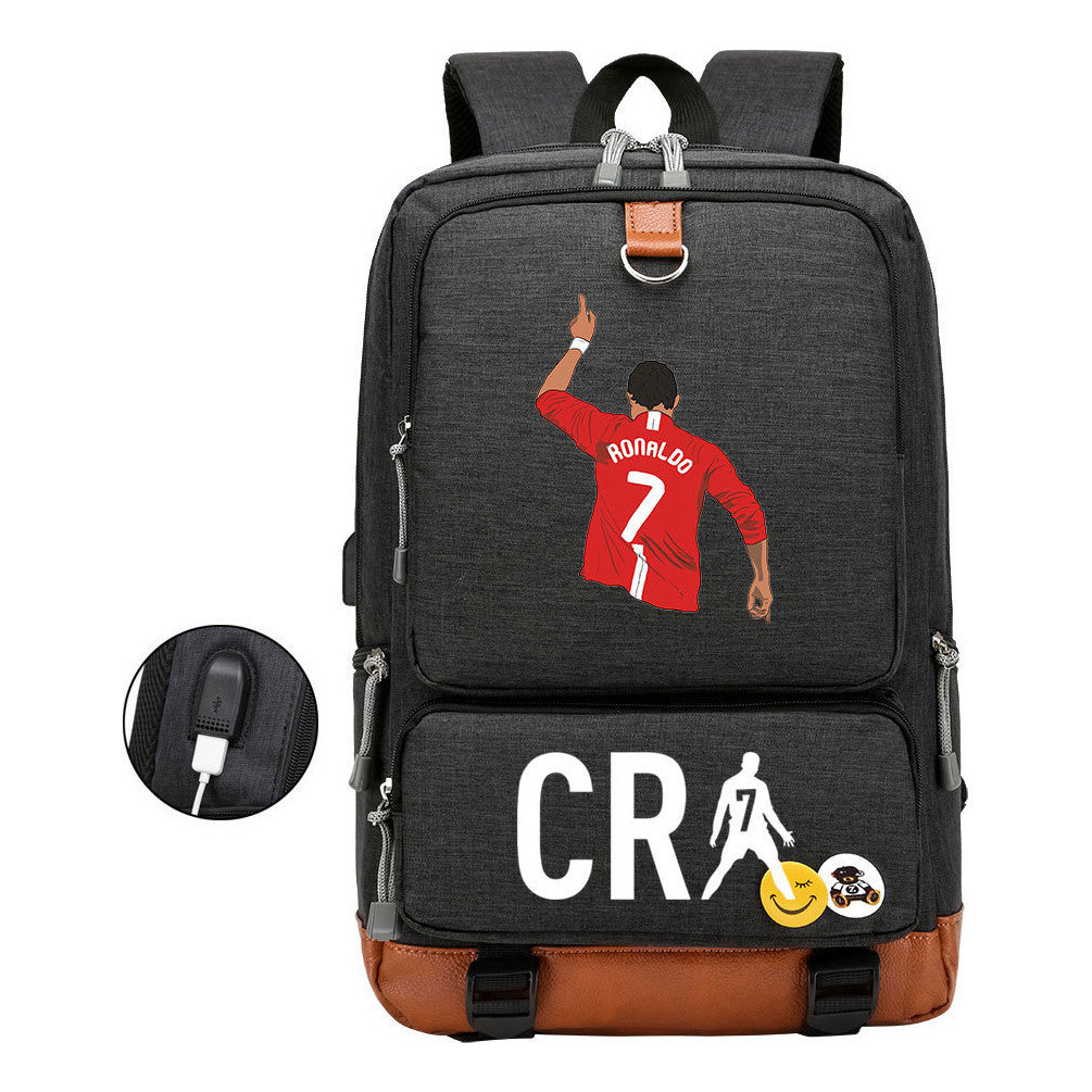 Football Star Cristiano Ronaldo Printed Usb Youth Primary And Secondary School Backpack For Boys And Girls Leisure Travel Backpack