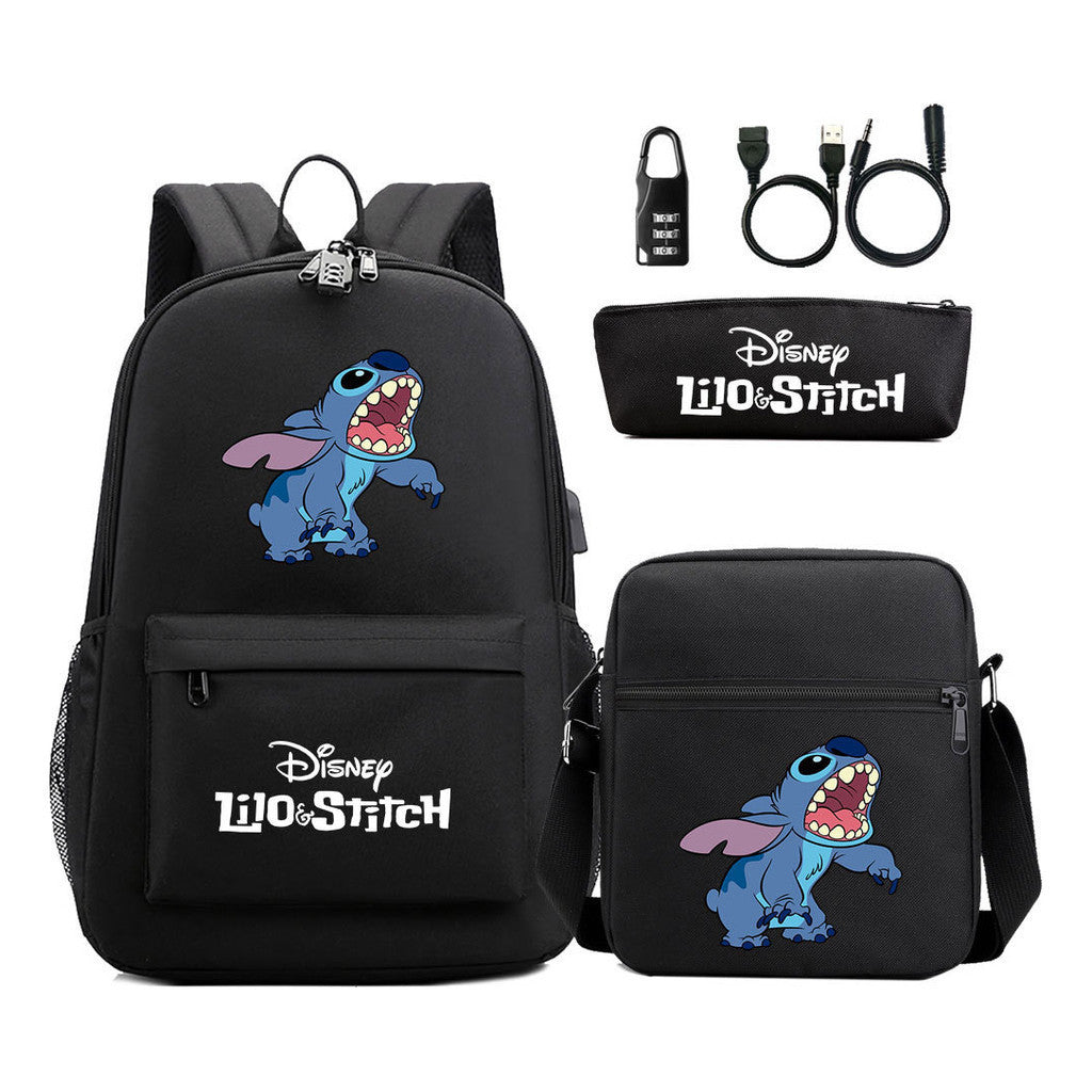 Interstellar Baby Stitch Usb Password Lock Youth Backpack 3-piece Set For Men And Women Backpacks