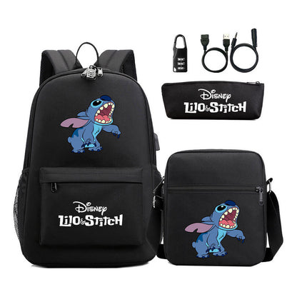 Interstellar Baby Stitch Usb Password Lock Youth Backpack 3-piece Set For Men And Women Backpacks