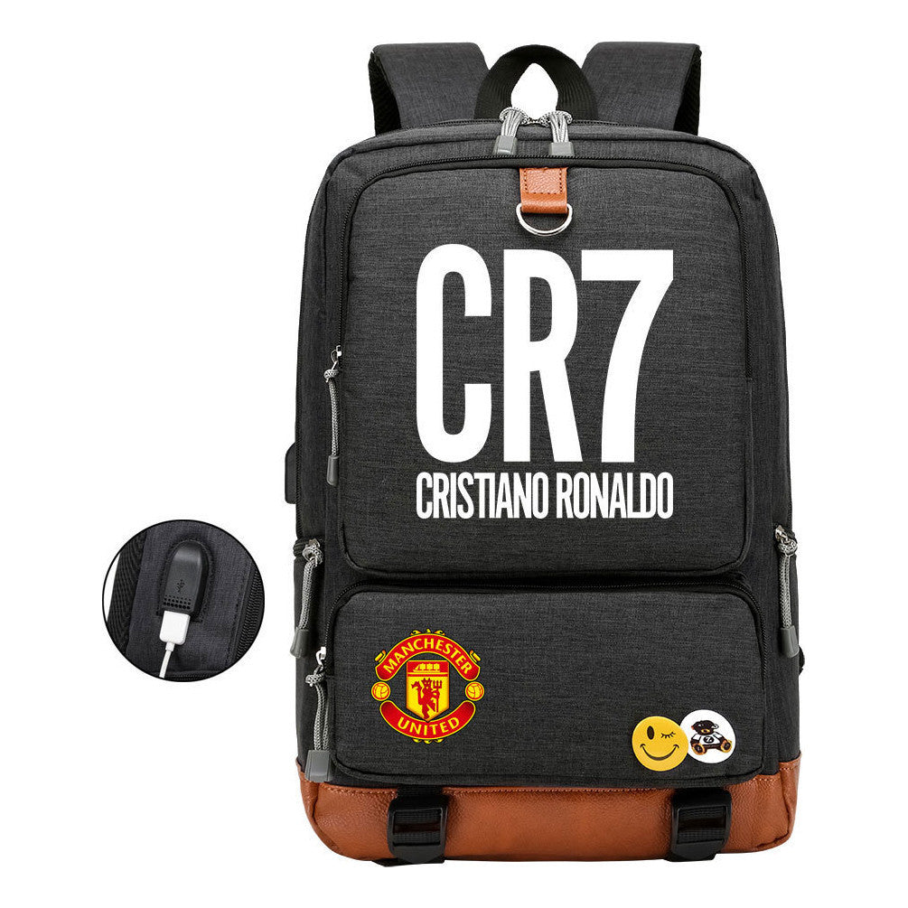 Football Star Cristiano Ronaldo Printed Usb Student Backpack For Leisure Travel Backpack