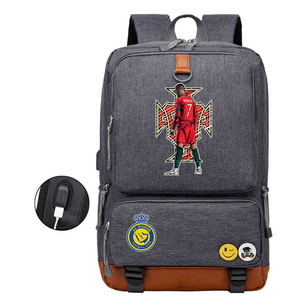 Football Star Cristiano Ronaldo Printed Usb Student Backpack Leisure Travel Backpack