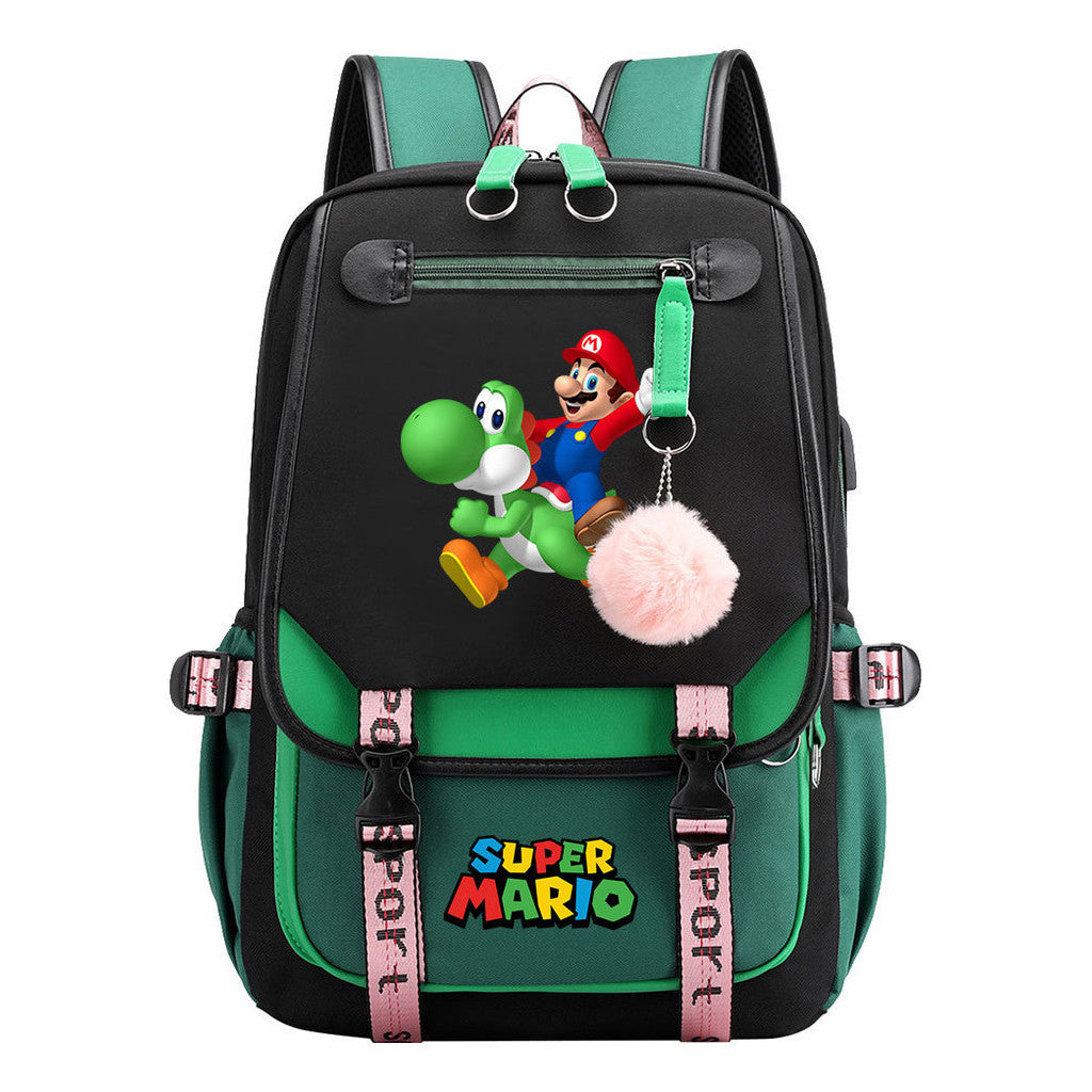 Super Mario Printed Usb Youth Student Backpack For Men And Women With Casual Woven Strap Flap Backpack