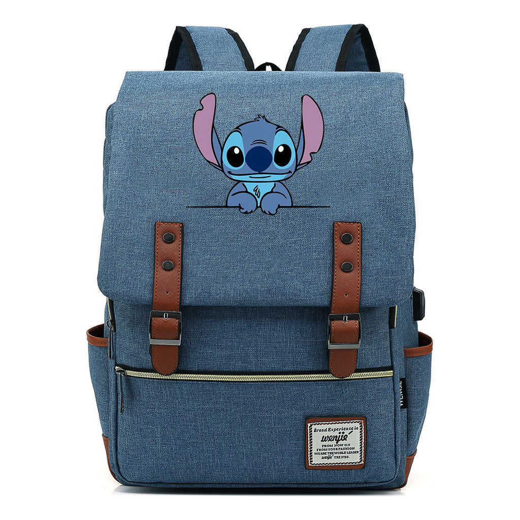 Anime Star Baby Stitch Printed Youth Student Backpack Usb Casual Backpack