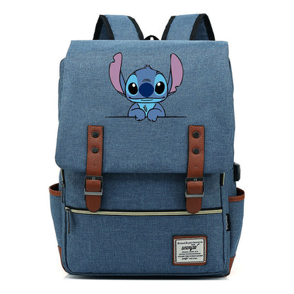 Anime Star Baby Stitch Printed Youth Student Backpack Usb Casual Backpack
