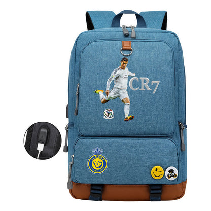 Football Star Cristiano Ronaldo Printed Usb Youth Student Backpack For Leisure Travel Backpack