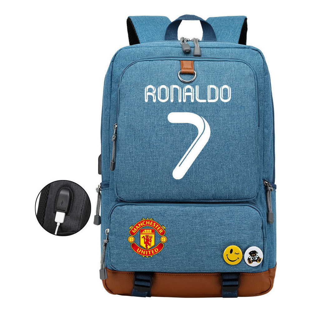 Football Star Cristiano Ronaldo Printed Usb Student Backpack For Leisure Travel Backpack