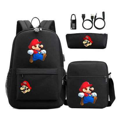 Super Mario Usb Password Lock Youth Student Backpack 3-piece Set For Men And Women Backpacks