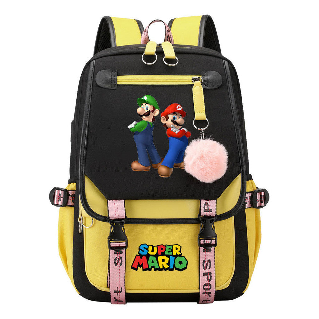 Super Mario Printed Usb Youth Student Backpack For Men And Women With Casual Woven Strap Flap Backpack
