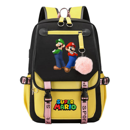Super Mario Printed Usb Youth Student Backpack For Men And Women With Casual Woven Strap Flap Backpack