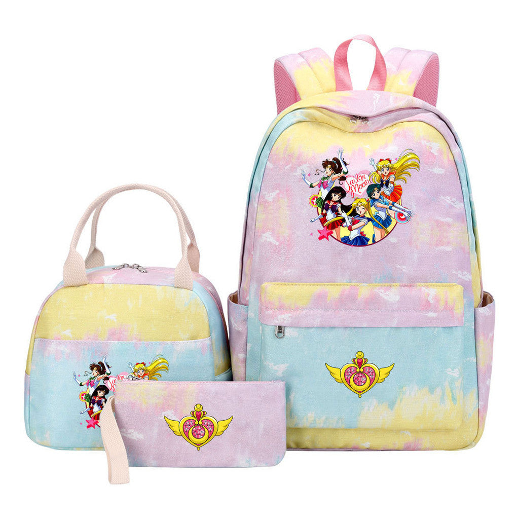 Anime Beauty Girl Warrior Student Girls School Bag Lunch Bag Three Piece Set Backpack Set