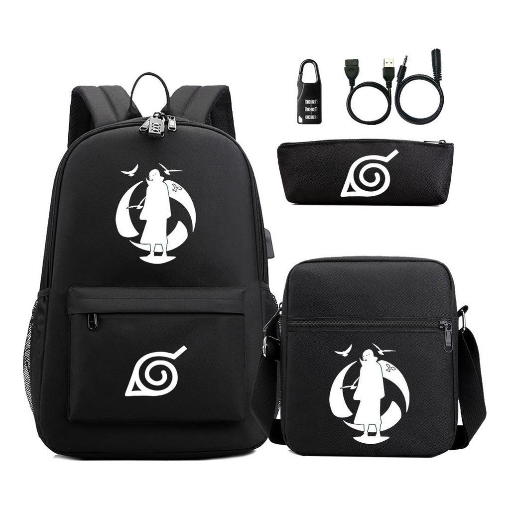 Fashionable Naruto Usb Password Lock Youth Student School Bag Three Piece Backpack Set
