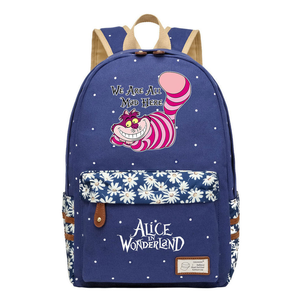 Anime Cartoon Cheshire Cat Print Student Backpack, Floral Casual Backpack