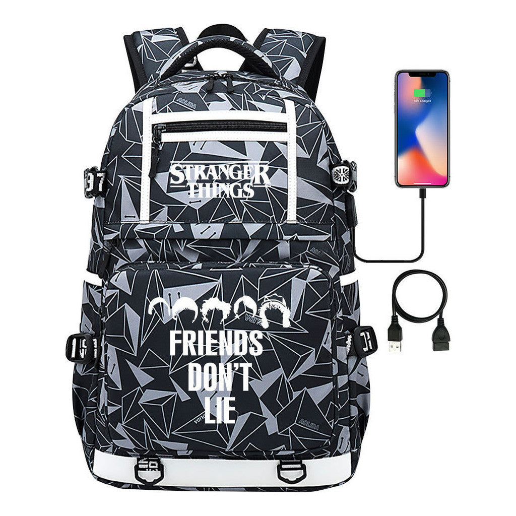 Strange Story Printed Usb Youth Student Backpack For Men And Women's Leisure Travel Backpack
