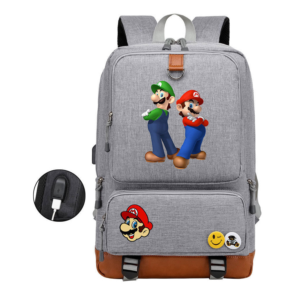 Super Mario Printed Usb Youth Student Backpack For Leisure Travel Backpack