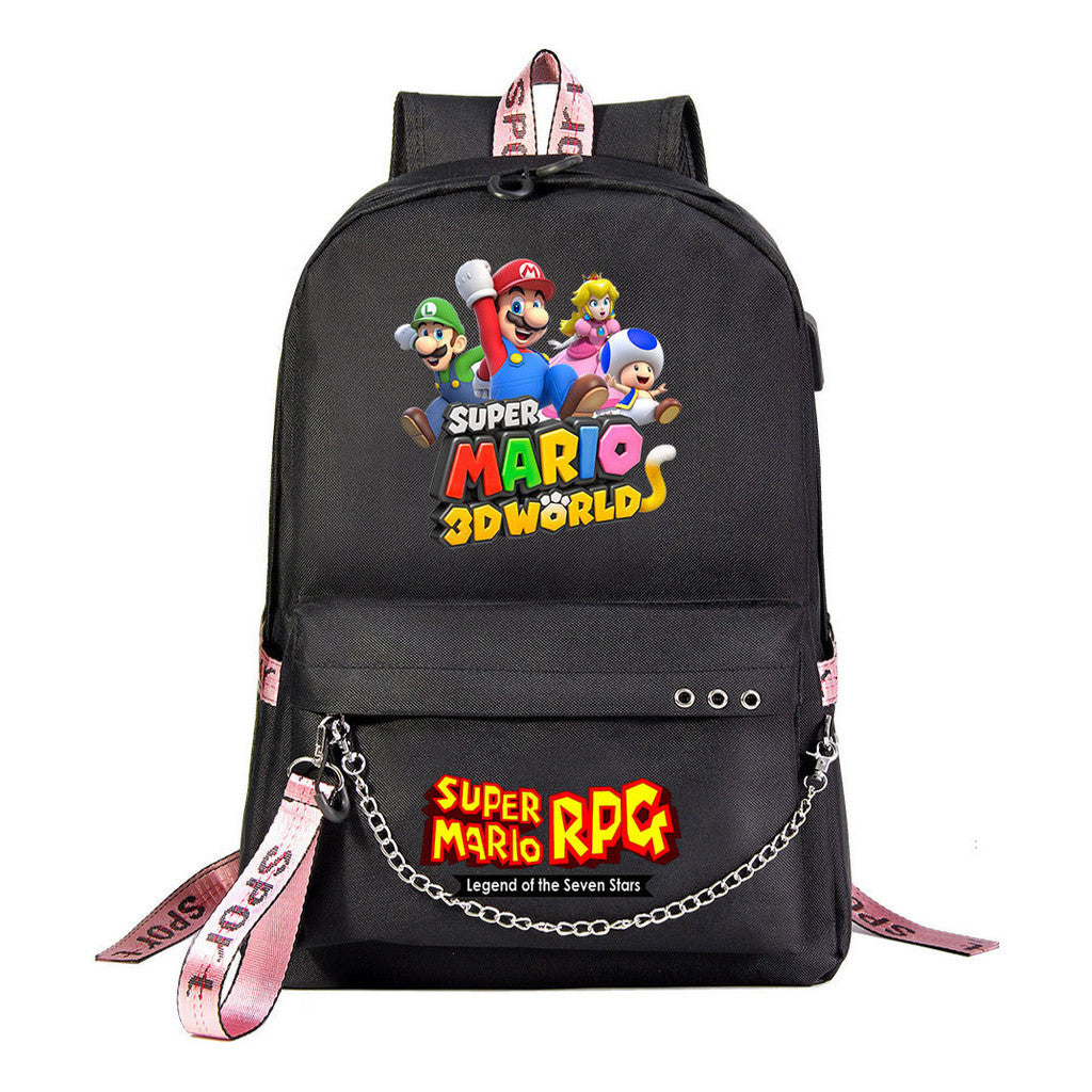 Super Mario Printed Usb Youth Student Backpack For Leisure Travel Backpack