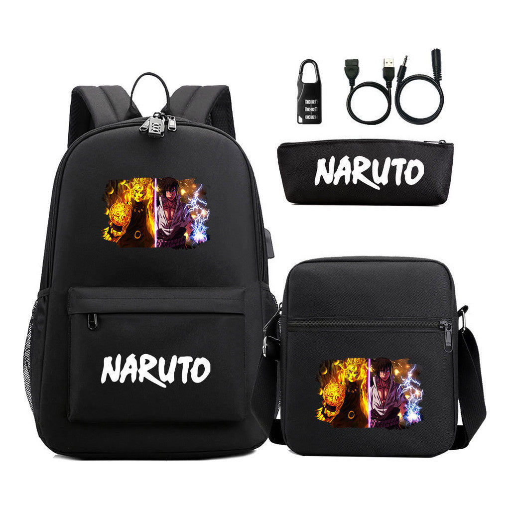 Naruto Usb Password Lock Youth Student Backpack Three Piece Set For Men And Women Backpack Set