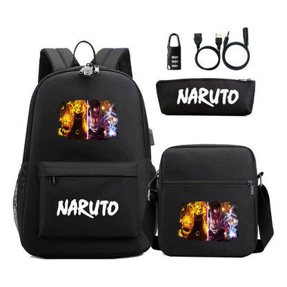 Naruto Usb Password Lock Youth Student Backpack Three Piece Set For Men And Women Backpack Set