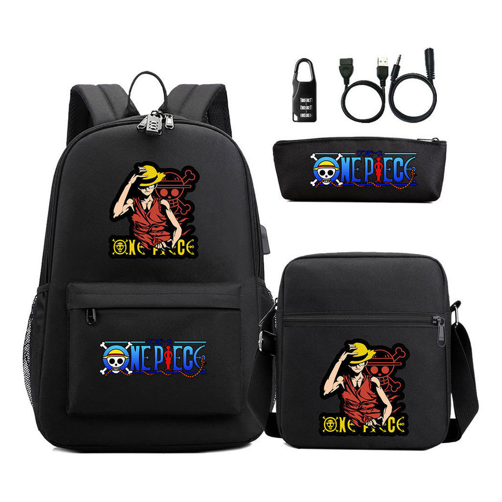 Cartoon Pirate King Usb Password Lock Youth Student Backpack Three Piece Set Backpack