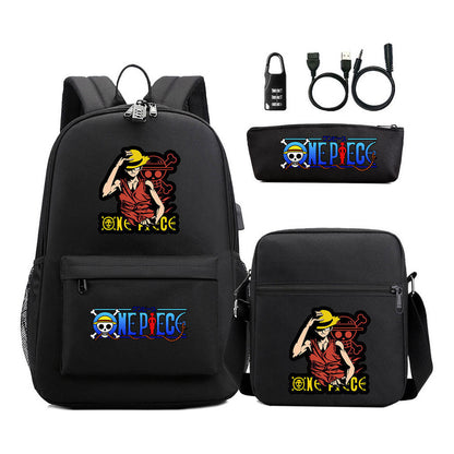 Cartoon Pirate King Usb Password Lock Youth Student Backpack Three Piece Set Backpack