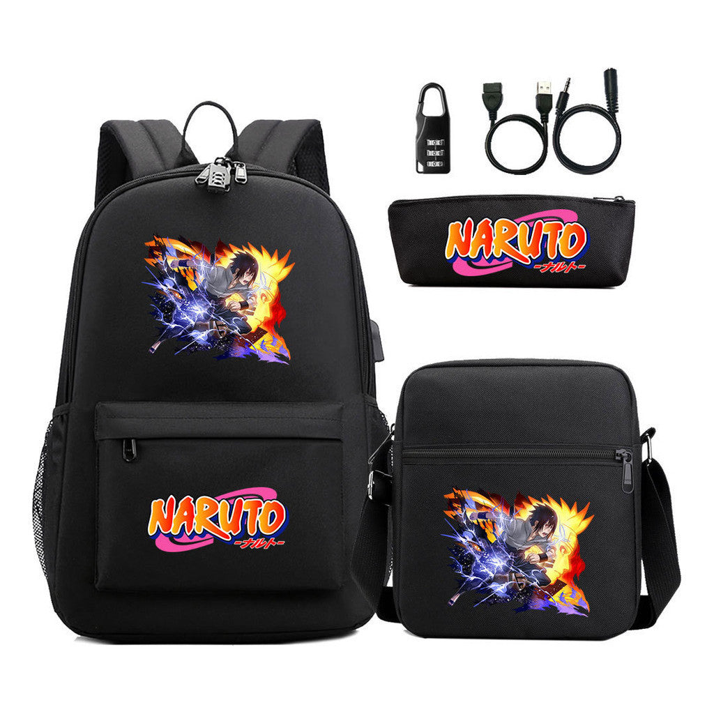 Naruto Usb Password Lock Youth Student Backpack Three Piece Set For Men And Women Backpacks