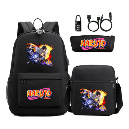 Naruto Usb Password Lock Youth Student Backpack Three Piece Set For Men And Women Backpacks