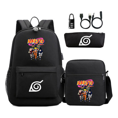 Fashionable Naruto Usb Password Lock Youth Student School Bag Three Piece Backpack Set
