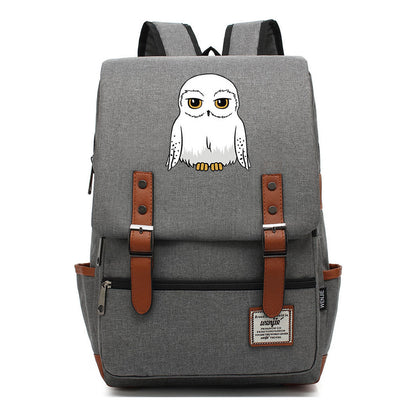 Cartoon White Owl Youth Student Backpack For Men And Women With Casual Belt Buckle Backpack
