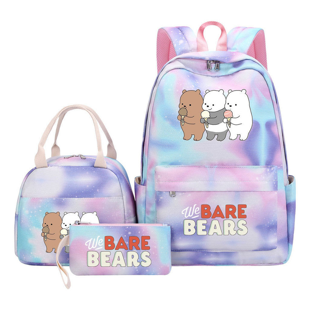 Cartoon Cute Three Bears Youth Student Girls School Bag Lunch Bag Three Piece Set Backpack Set