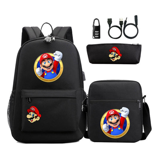 Super Mario Usb Password Lock Youth Student Backpack 3-piece Set For Men And Women Backpacks
