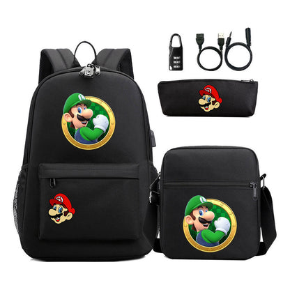 Super Mario Usb Password Lock Youth Student Backpack 3-piece Set For Men And Women Backpacks