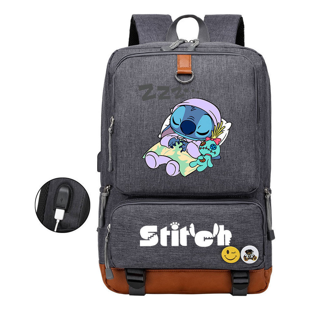 Anime Star Baby Stitch Printed Usb Youth Student Backpack For Men And Women's Leisure Travel Backpack