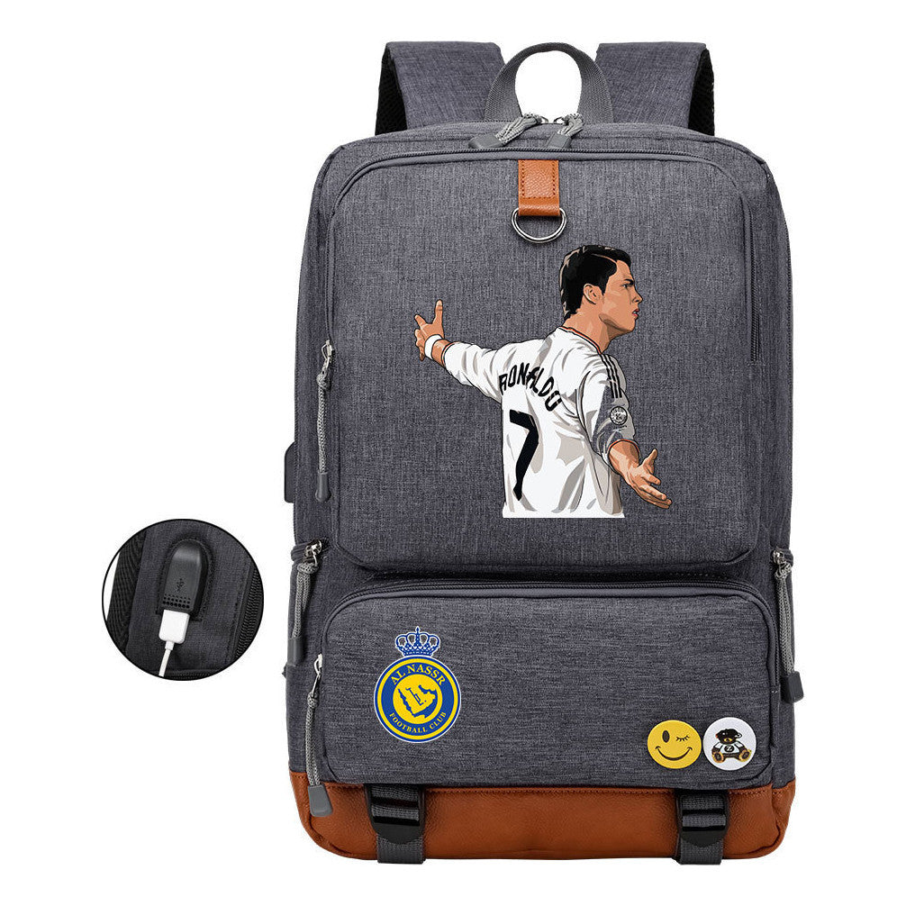 Football Star Cristiano Ronaldo Printed Usb Youth Student Backpack For Leisure Travel Backpack