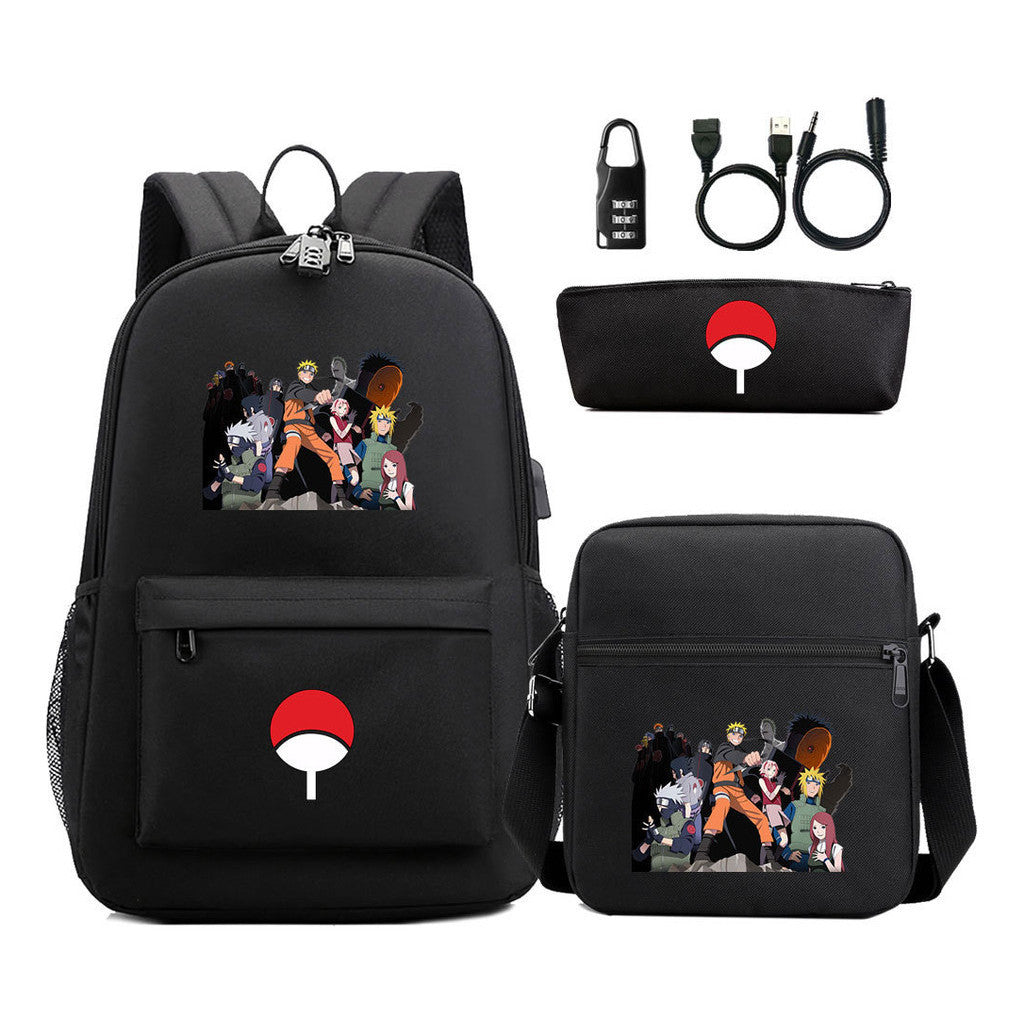 Naruto Usb Password Lock Year Student School Bag Three Piece Set Backpack Set