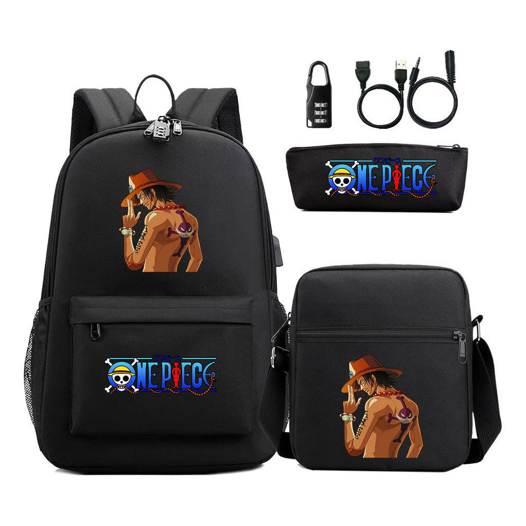 Cartoon Pirate King Usb Password Lock Youth Student Backpack Three Piece Set Backpack