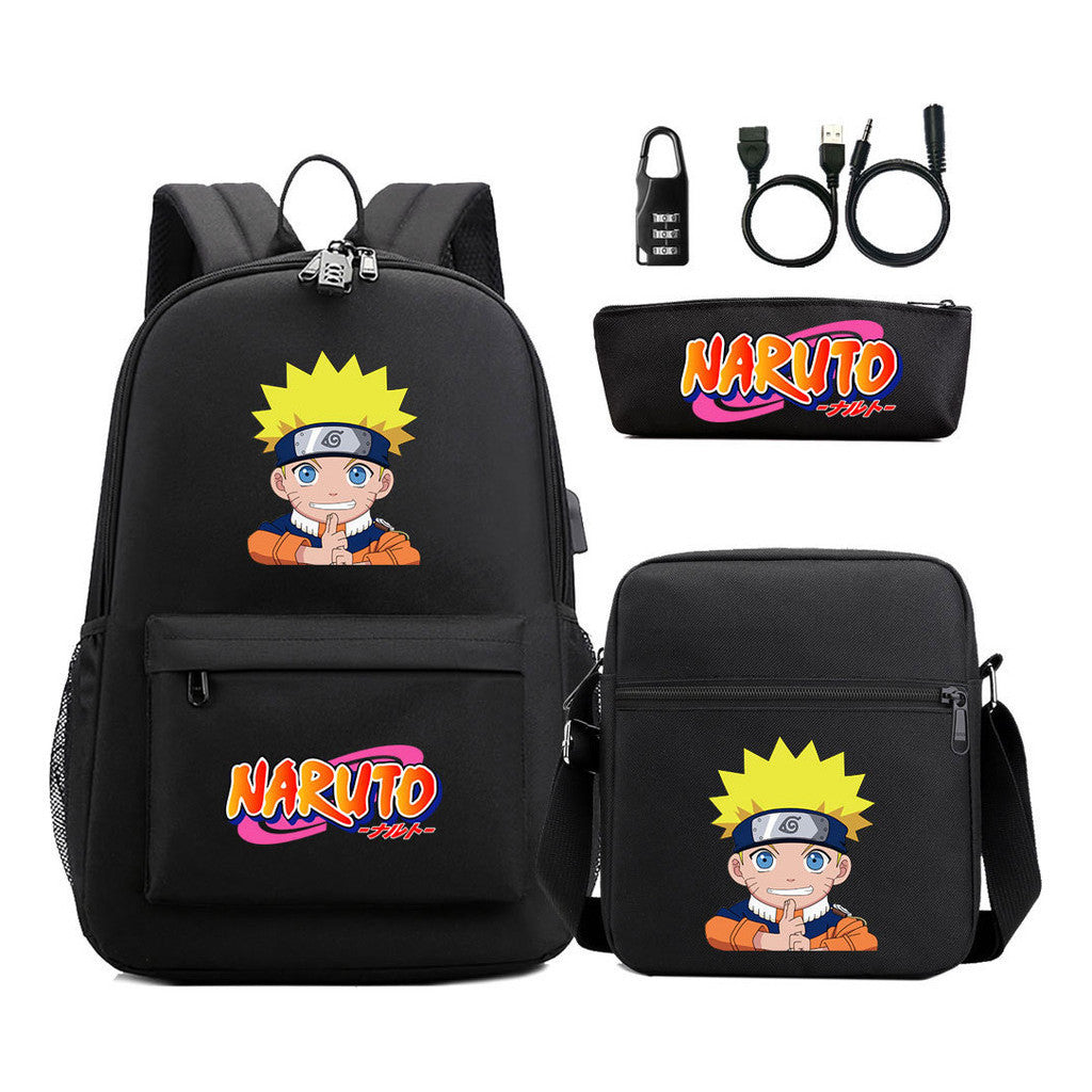 Naruto Usb Password Lock Youth Student Backpack Three Piece Set For Men And Women Backpacks