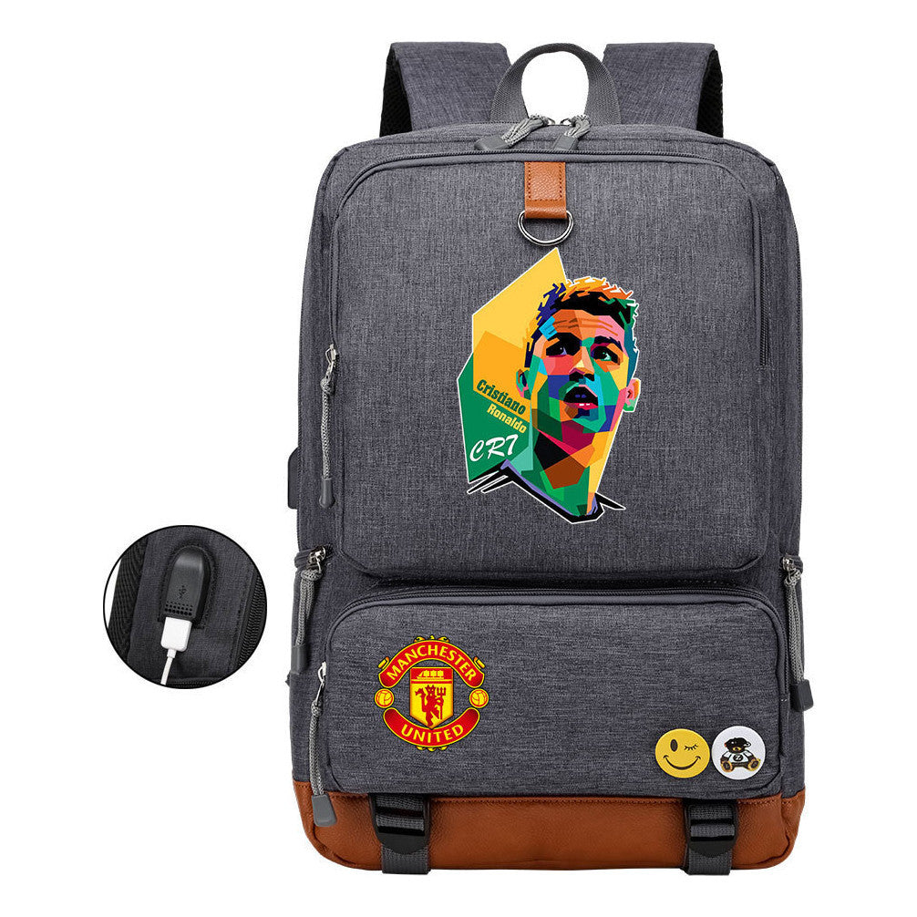 Football Star Cristiano Ronaldo Printed Usb Youth Student Backpack For Boys And Girls Leisure Travel Backpack
