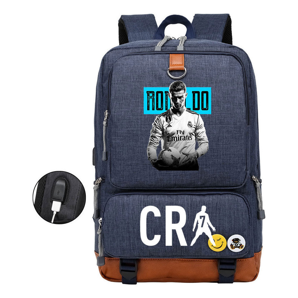 Football Star Cristiano Ronaldo Printed Usb Youth Primary And Secondary School Backpack For Boy And Girl's Leisure Travel Backpack