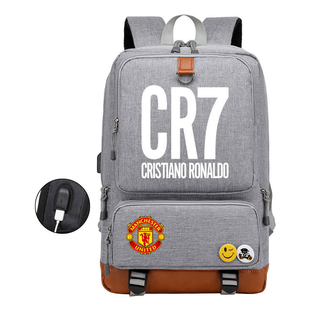 Football Star Cristiano Ronaldo Printed Usb Student Backpack For Leisure Travel Backpack