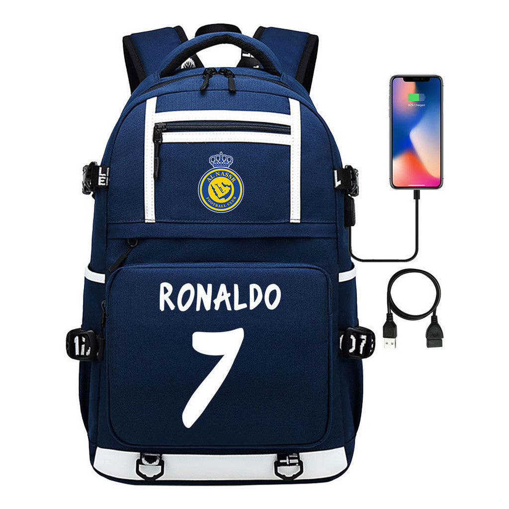 Football Star Cristiano Ronaldo Printed Usb Youth Student Backpack For Men And Women, Backpack For Leisure Travel