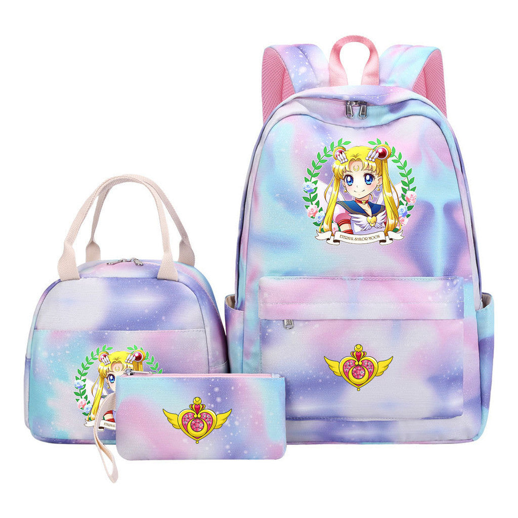 Anime Beauty Girl Warrior Student Girls School Bag Lunch Bag Three Piece Set Backpack Set