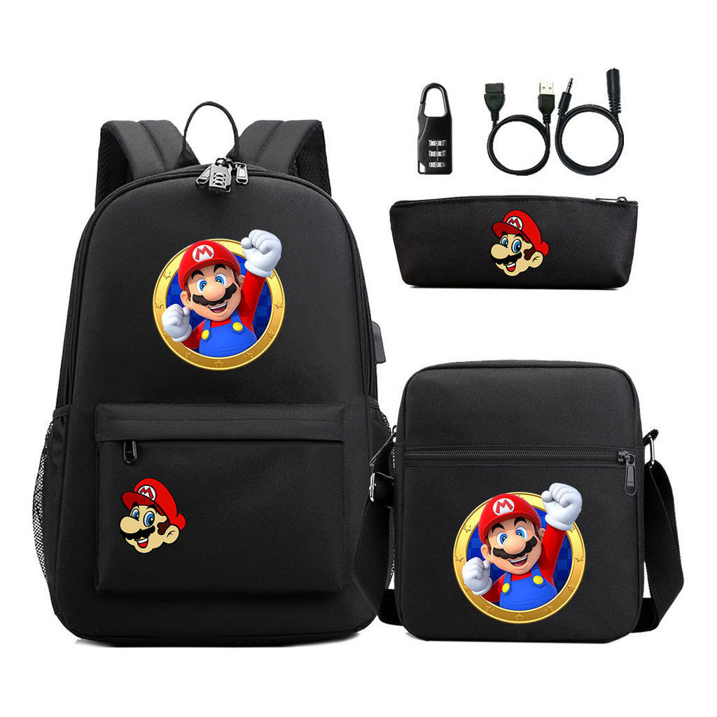 Super Mario Usb Password Lock Youth Student Backpack 3-piece Set For Men And Women Backpacks