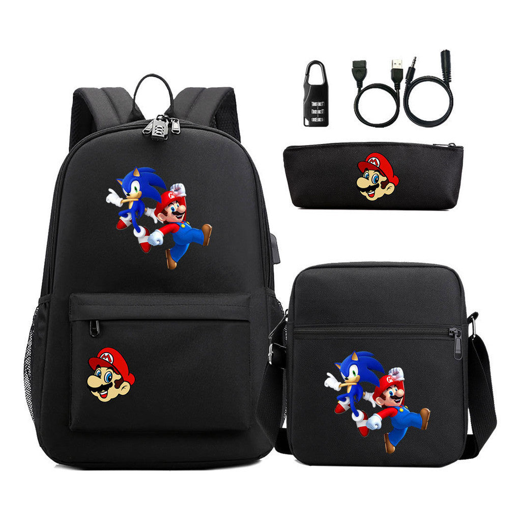 Super Mario Usb Password Lock Youth Student Backpack 3-piece Set For Men And Women Backpacks