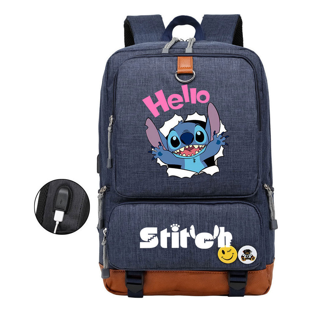 Anime Star Baby Stitch Printed Usb Youth Student Backpack For Men And Women's Leisure Travel Backpack